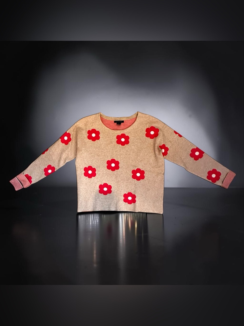 Tahari Tan Crewneck Sweater with Hot Pink Floral Design